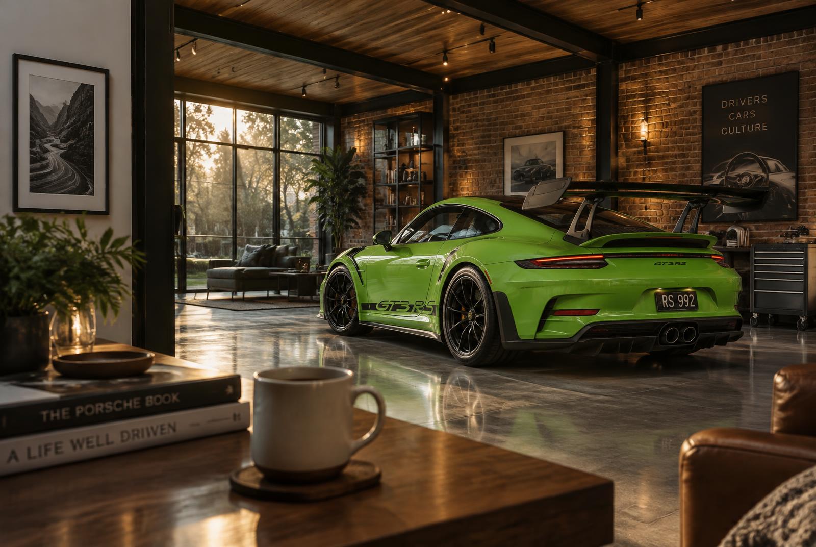 Green Porsche 911 GT3 RS in the garage