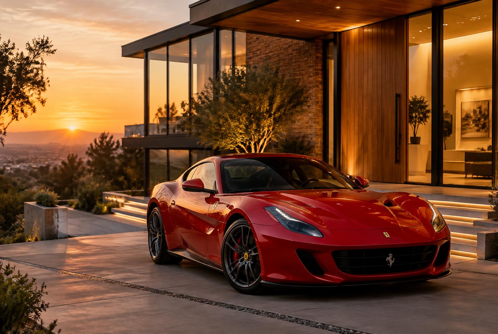 A red Ferrari at sunset