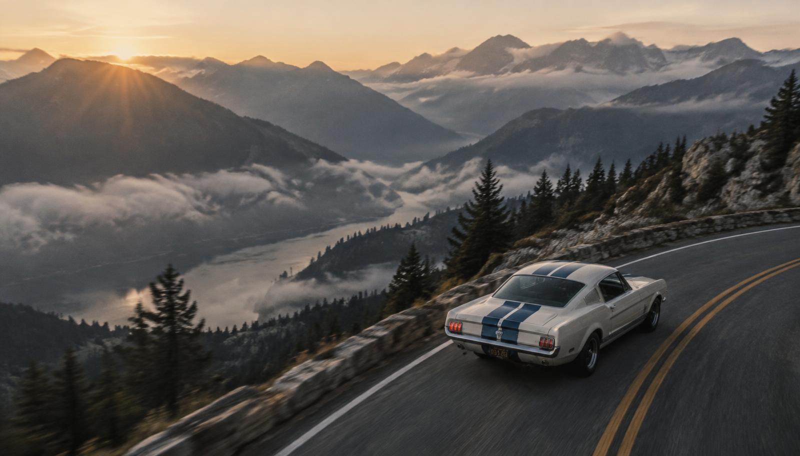 A classic car on a mountain road at dawn